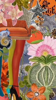 a collage of flowers, plants, and shoes with an orange chair in the background