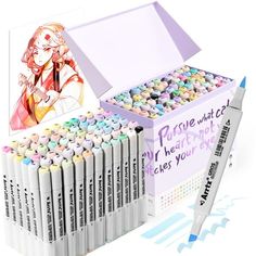 a box filled with lots of markers next to a marker pen