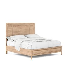 a wooden bed frame with white sheets and pillows on it, against a white background