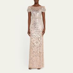 Jenny Packham "Sungem" gown embellished degrade sequin and crystal embroidery High neckline Short puff sleeves Column silhouette Polyester/polyurethane Imported Puff Sleeve Gown, Crystal Embroidery, Embellished Gown, Jenny Packham, Bergdorf Goodman, High Neckline, Puff Sleeves, Puff Sleeve, Embellishments