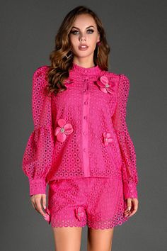 Step into a world of style with our long sleeve embroidered flower set. This stunning set features intricate floral embroidery on a bold fuchsia eyelet lace fabric, adding a touch of elegance and sophistication. The long sleeves and button-down top, paired with matching shorts, create a harmonious balance of style and comfort. Crafted from high-quality, breathable material, this set enhances your charm while ensuring you stay comfortable all day long. It's perfect for garden parties, summer soir Eyelet Lace Fabric, Concert Outfit Summer, Summer Soiree, Garden Parties, Matching Shorts, Summer Dress Outfits, Summer Set, Eyelet Lace, Swimwear Sale