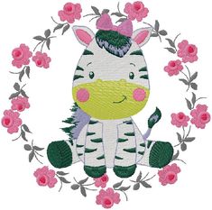 a zebra sitting in the middle of a wreath with pink flowers on it's side