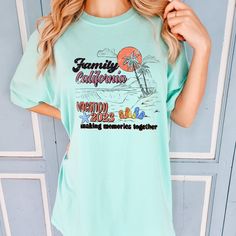 "This summer family vacation shirt would be a fun and memorable souvenir of your family vacation to California, capturing the essence of the states laid back, sunny lifestyle. The Comfort Colors t-shirt is made from 100% ring-spun cotton and the soft-washed, garment-dyed fabric relaxed fit brings extra coziness to your wardrobe!  *SIZING* -Shirts are unisex sizing. (Size chart is in the image) -That means they run slightly larger than women's shirts and slightly smaller than typical men's shirts.  -Please order your normal size for a regular fit, or size down for a more fitted look.  -If you are looking for an oversized \"T-shirt \" look, I recommend sizing up 2-4 sizes. Also please note unisex shirts are longer than women's shirts. 100% ring-spun cotton Medium fabric (6.1 oz/yd² (206.8 g/ Casual Pre-shrunk T-shirt For Family Reunion, Short Sleeve Tops For Family Summer Events, Family Summer T-shirt With Crew Neck, Family Matching Summer T-shirt With Screen Print, Blue Graphic Print T-shirt For Family Vacation, Summer Family Matching Short Sleeve Tops, Casual T-shirt With Text Print For Family Reunion, Summer Short Sleeve Tops For Family Matching, Family Matching Tops For Summer