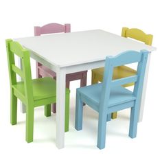 a white table with four chairs and one chair is shown in different colors, including blue, green, pink, yellow