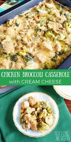 chicken broccoli casserole with cream cheese on a plate and green napkin