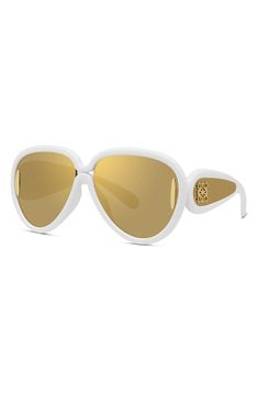 Looping golden logos adorn the tapered temples of sleek Italian-made pilot sunglasses shaped in a mask-inspired silhouette. 65mm lens width; 14mm bridge width; 145mm temple length 100% UV protection Injected plastic Made in Italy Mask Sunglasses, Loewe Anagram, Brown Mirror, Golden Logo, Gray Mirror, Pilot Sunglasses, Ibiza, Uv Protection, Temple