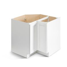 a white cabinet with two doors open on a white background and no one in it