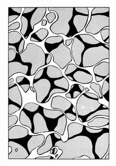 black and white image of an abstract pattern with wavy lines in the center, as well as small dots at the bottom