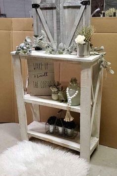 a shelf with some decorations on top of it