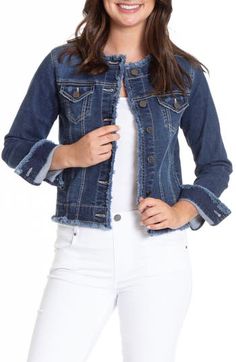 A fun update to a classic style, this stretch-denim jacket features softly frayed edges and a fitted, collarless silhouette for casual-chic layering. Front button closure Collarless Button cuffs Chest button-flap patch pockets 70% cotton, 28% polyester, 2% elastane Machine wash, tumble dry Imported Asian Owned/Founded Dark Wash Cotton Denim Jacket With Frayed Hem, Spring Dark Wash Denim Jacket With Frayed Hem, Trendy Stretch Denim Jacket In Medium Wash, Trendy Stretch Cotton Denim Jacket, Dark Wash Outerwear With Frayed Hem For Spring, Casual Dark Wash Denim Jacket With Frayed Hem, Trendy Dark Wash Stretch Denim Jacket, Trendy Stretch Dark Wash Denim Jacket, Trendy Stretch Denim Jacket For Spring