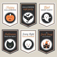 four halloween banners with pumpkins, bats and ghost faces on them in black and orange colors