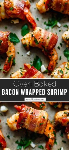 oven baked bacon wrapped shrimp on a baking sheet