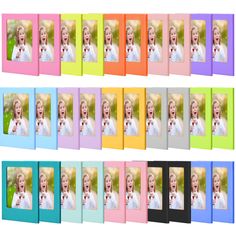 a set of multicolored photo frames with a child's face on them