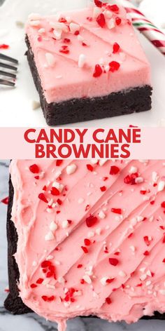 two pieces of peppermint brownies with pink frosting and sprinkles