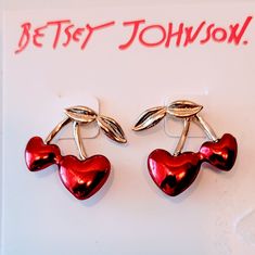 Red Cherry Hearts By Betsey Johnson. Cherry Colored Jewelry For Valentine's Day Party, Cherry-colored Jewelry For Valentine's Day Party, Cherry Color Jewelry For Valentine's Day Party, Cherry Jewelry For Valentine's Day Party, Trendy Red Heart Earrings For Valentine's Day, Trendy Red Earrings For Valentine's Day, Trendy Red Double Heart Earrings, Trendy Red Heart Earrings For Gift, Hot Pink Gifts