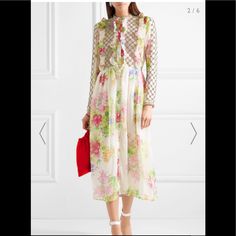 Brand New With Tag Designer Silk Floral Print Dress, Designer Silk Dress With Floral Print, Designer Floral Print Dresses For Spring, Chic Embellished Spring Midi Dress, Spring Chic Embellished Midi Dress, Chic Embellished Midi Dress For Spring, Elegant Embellished Midi Dress For Garden Party, Spring Cocktail Embellished Midi Dress, Chic Embellished Silk Midi Dress