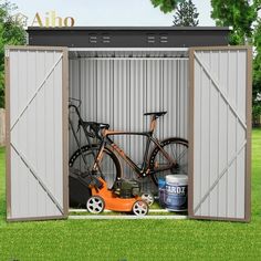 an outdoor storage shed with two bikes in it