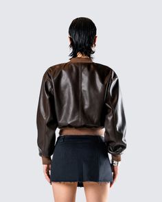 Take em’ for a joy ride in this brown washed leather jacket 😜 With a sleek yet edgy look, this chic bomber is constructed from vegan leather and is complete a ribbed neckband, sleeve cuffs, and hem and welt pockets on the front body for the perfect everyday jacket 🤎 Brown Biker Jacket For Spring Streetwear, Fall Brown Biker Jacket With Padded Collar, Fall Leather Jacket With Ribbed Cuffs, Fitted Leather Jacket With Ribbed Cuffs, Fitted Leather Jacket With Ribbed Cuffs For Streetwear, Fitted Leather Jacket With Ribbed Cuffs For Fall, Leather Jacket With Ribbed Cuffs For Streetwear, Spring Brown Outerwear With Ribbed Cuffs, Brown Spring Outerwear With Ribbed Cuffs