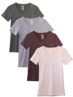 PRICES MAY VARY. 4-Pack Women's V neck Short Sleeve Tees Longer Length - Hits Below the Hip - Slim Fit Arms are Slightly Longer than Typical Classic Vneck Dip - Not Super Deep Soft, Comfy, & Stretchy Fabric 4 Pack Women's V Neck T-shirts with Short Sleeves. Sleeves are slightly longer than traditional t-shirts. The vneck is not a deep v - but rather a class cut v. Longer length hits below the hip. Body hugging fit is great for layering and also good on it's own. Super soft feeling material that Long Tee, Scoop Neck Tee, Basic Shirts, Tees For Women, Tunic Length, Women Tops, Base Layer, Women Long Sleeve, Neck T Shirt