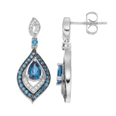 Dazzling with blue topaz and lab-created white sapphire gemstones, these sterling silver drop earrings abound with sophisticated style. EARRING DETAILS Length: 1.02 in. Backings: post Metal: sterling silver Plating: black & white rhodium Finish: polished Packaging: boxed STONE DETAILS Stone type: blue topaz, lab-created white sapphire Total weight: 1 1/2 ct. Shape: pear, round Setting: prong Gemstones may have been treated to enhance their appearance. Special care may be required. Please vis Blue Teardrop Diamond Earrings For Anniversary, Post Metal, Sterling Silver Drop Earrings, Bird Necklace, Silver Drop Earrings, Sapphire Gemstone, White Sapphire, Silver Blue, Sophisticated Style