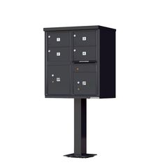 a black mailbox on a pole with four doors