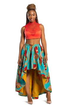 Ode African Print Hi Lo Skirt (Green/ Red) Skirt African Print, African Jumpsuit, Hi Low Skirt, Hi Low Skirts, African Print Skirt, African Dresses Modern, Ankara Skirt, Fashion Skirts, High Low Skirt