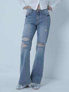 Composition : Cotton 100%Color : BLUECountry of Origin : Republic of Korea Trendy Blue Full-length Flare Jeans, Trendy Full-length Blue Flare Jeans, Trendy Blue Full Length Flare Jeans, Trendy Full Length Blue Flare Jeans, Blue Flare Jeans With Frayed Hem For Fall, Distressed Blue Flare Jeans, High Waist Distressed Flare Jeans In Washed Blue, Ripped Blue Full-length Bottoms, Blue Ripped Full-length Bottoms