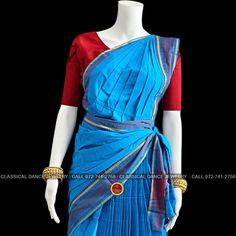 Design by Classical Dance Jewelry® ❥ A collection of colorful and elegant dance sarees in cotton fabric with minimalistic patterns for all the ladies who are ardent fans of our traditional dance. ❥ These sarees are also known as Kalakshethra sarees. ❥ Dance practice sarees have different measurements than the usual sarees and can't be used as a party wear or casual wear. ❥ It is made of pure cotton saree with plain contrast color borders.These practice sarees worn over pajamas / pants and a chol Festive Cotton Pre-draped Saree With Zari Weaving, Fitted Blue Pre-draped Saree For Transitional Season, Traditional Blue Pre-draped Saree For Festivals, Cotton Pre-draped Saree For Puja During Navratri, Traditional Blue Pre-draped Saree For Navratri, Festive Blue Cotton Silk Pre-draped Saree, Navratri Fitted Pre-draped Saree With Traditional Patterns, Blue Chanderi Pre-draped Saree With Motifs, Bollywood Style Blue Cotton Silk Choli