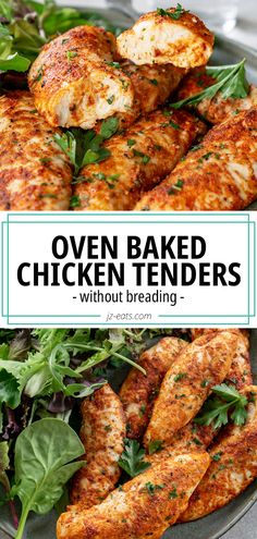 oven baked chicken tenders on a plate with greens and dressing in the background text overlay reads oven baked chicken tenders without bread