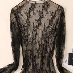 Black Long Sleeve Mesh Lace Layering Top Stretchy True To Size Fitted ***On Body Photos Represent Pattern Of Sizes L/Xl, Xxl, 3x Black Long Sleeve Lace Top For Fall, Sheer Black Lace Top For Party, Black Lace Top For Fall, Black Fitted Lace Top With Sheer Sleeves, Fitted Black Lace Top With Sheer Sleeves, Elegant Black Tops With Lace Trim, Black Long Sleeve Lace Top For Party, Elegant Black Top With Lace Trim, Black Non-stretch Top For Night Out