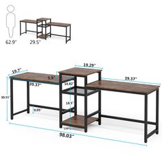 three tables are shown with measurements for each table and the other one has a shelf