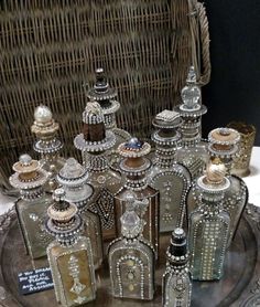 an assortment of decorative items displayed on a tray