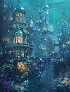 an underwater city is shown in this painting