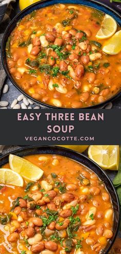 two bowls of bean soup with lemons and cilantro on the side, next to each other