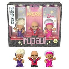 three small figurines in a box with lights on the sides and one is wearing glasses