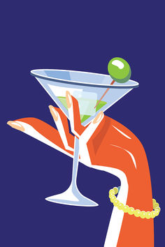 a woman's hand holding a martini glass with an olive on it