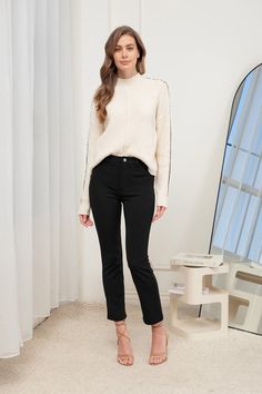 Description: High rise pant Material: 95% Polyester, 5% Spandex Business Casual Stretch Straight Jeans, Stretch Straight Jeans For Business Casual, Stretch Mid-rise Pants For Winter, Winter Stretch Straight Leg Bottoms, Stretch Pants For Business Casual In Fall, Winter High-waisted Stretch Pants, Winter Stretch High-waisted Pants, Business Casual Mid-rise Stretch Pants, Chic Mid-rise Winter Bottoms