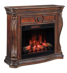 an antique style fireplace with logs on the side and fire in the middle, against a white background