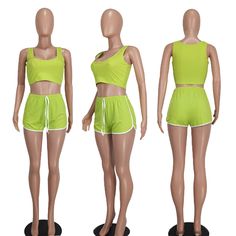 Solid Color Sportswear Ribbed Two Piece Shorts Set Green Stretch Activewear For Leisure, Solid Color Activewear For Gym, Green Summer Loungewear Activewear, Casual Solid Color Activewear For Gym, Casual Sports Shorts Solid Color, Summer Stretch Activewear For Leisure, Casual Sports Shorts In Solid Color, Summer Leisure Stretch Activewear, Casual Solid Color Workout Activewear