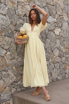 Busy Bee Maxi Dress Yellow | Fortunate One Sun Dresses Modest, Sundress With Sleeves, Pastel Yellow Bridesmaid Dresses, Pale Yellow Dress, Yellow Chiffon Dress, Yellow Boho Dress, Pale Yellow Dresses, Yellow Long Dress, Cocktail Dress Yellow