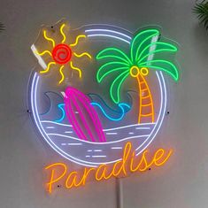 Palm Tree Sunset Wave Tropical Paradise Neon Sign Palm Tree Neon Sign, Ambiguous Quotes, Neon Palm Tree, Exhibition Signage, Neon Letters, Neon Box, Commercial Signs, Tree Sunset, Palm Tree Sunset