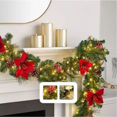 christmas garland with red and green poinsettis on fireplace mantel by mirror