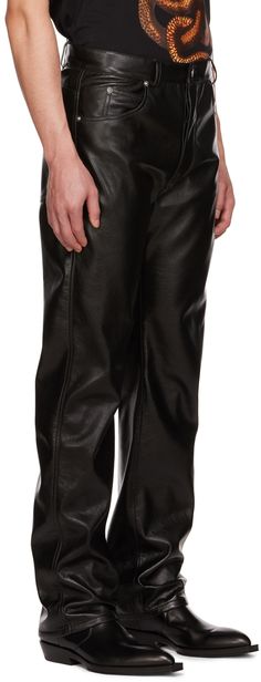 Grained faux-leather trousers. · Belt loops · Five-pocket styling · Button-fly · Lizard-embossed faux-leather logo patch at back waistband · Logo-engraved silver-tone hardware Supplier color: Black Black Leather Bottoms With Button Closure, Sleek Straight Leg Leather Pants With Pockets, Leather Bottoms With Button Closure For Work, Tapered Leg Leather Pants For Formal Occasions, Sleek Leather Pants With Belt Loops, Formal Tapered Leg Leather Pants, Leather Pants With Button Closure For Fall, Black Leather Business Casual Pants, Business Casual Leather Bottoms With Belt Loops