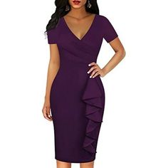 Women's V Neck Hem Work Dress, Purple 65% Cotton, 35% Polyester Imported Zipper Closure Dry Clean Only Casual Sheath Dresses : Women's Party Bodycon Dresses Very Cute Well Cut And Hugs Your Curves Perfectly. Elegant Women's Wear To Work Dresses Very Pretty And Accentuates Your Figure.This Women's Work Pencil Dresses Have A Elegant Feminine Look! Chic V Neck Club Bodycon Dresses : This Is Vintage Mini Work Party Wedding Guest Dresses. Retro Women's V Neck Mini Dress Make You More Feminine.The Wom Summer Formal Purple Bodycon Dress, Purple Bodycon Dress For Summer Formal, Purple Short Sleeve Bodycon Dress For Party, Fitted Purple V-neck Dress, Purple Short Sleeve Bodycon Party Dress, Purple Fitted V-neck Dress, Purple Knee-length Office Dress, Purple Knee-length Dress For Office, Fitted Purple Midi Dress For Office