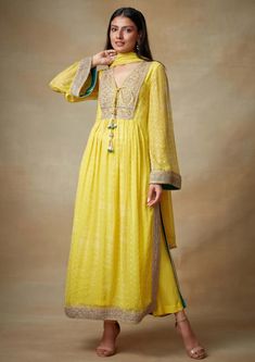 Kisneel By Pam Mehta-Yellow Chiffon Straight Kurta Set-INDIASPOPUP.COM Yellow Indian Outfit, Dori Embroidery, Kurta Pants, Chiffon Suit, Crepe Pants, Beautiful Pakistani Dresses, Straight Kurta, Chiffon Dupatta, Couture Designers