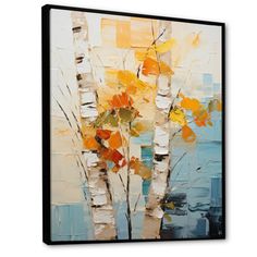 an abstract painting of birch trees with yellow leaves