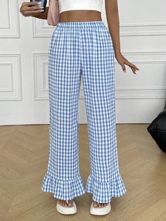 Azul y blanco Casual Collar  Poliéster Guingán,A cuadros Pierna recta Embellished No-Elástico Ruffle Pants, Blue Checkered, Casual Home, Light Blue Jeans, Home Wear, Casual Stripes, Women Pants, Blue Gingham, White Pants