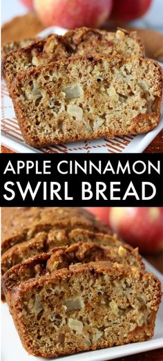 apple cinnamon swirl bread on a plate with apples in the background and text overlay