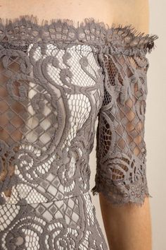 Also available in black and grey. Polyester/lace/zipper back/lined. Chic Off-shoulder Lace Dress With Lace Trim, Gray Fitted Lace Dress, Gray Lace Evening Dress, French Grey, Lace Mini Dress, Gray Dress, Fashion Boutique, Off Shoulder Dress, Chic Style