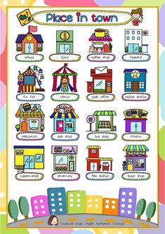 a poster with different buildings and numbers for children's playrooms in town